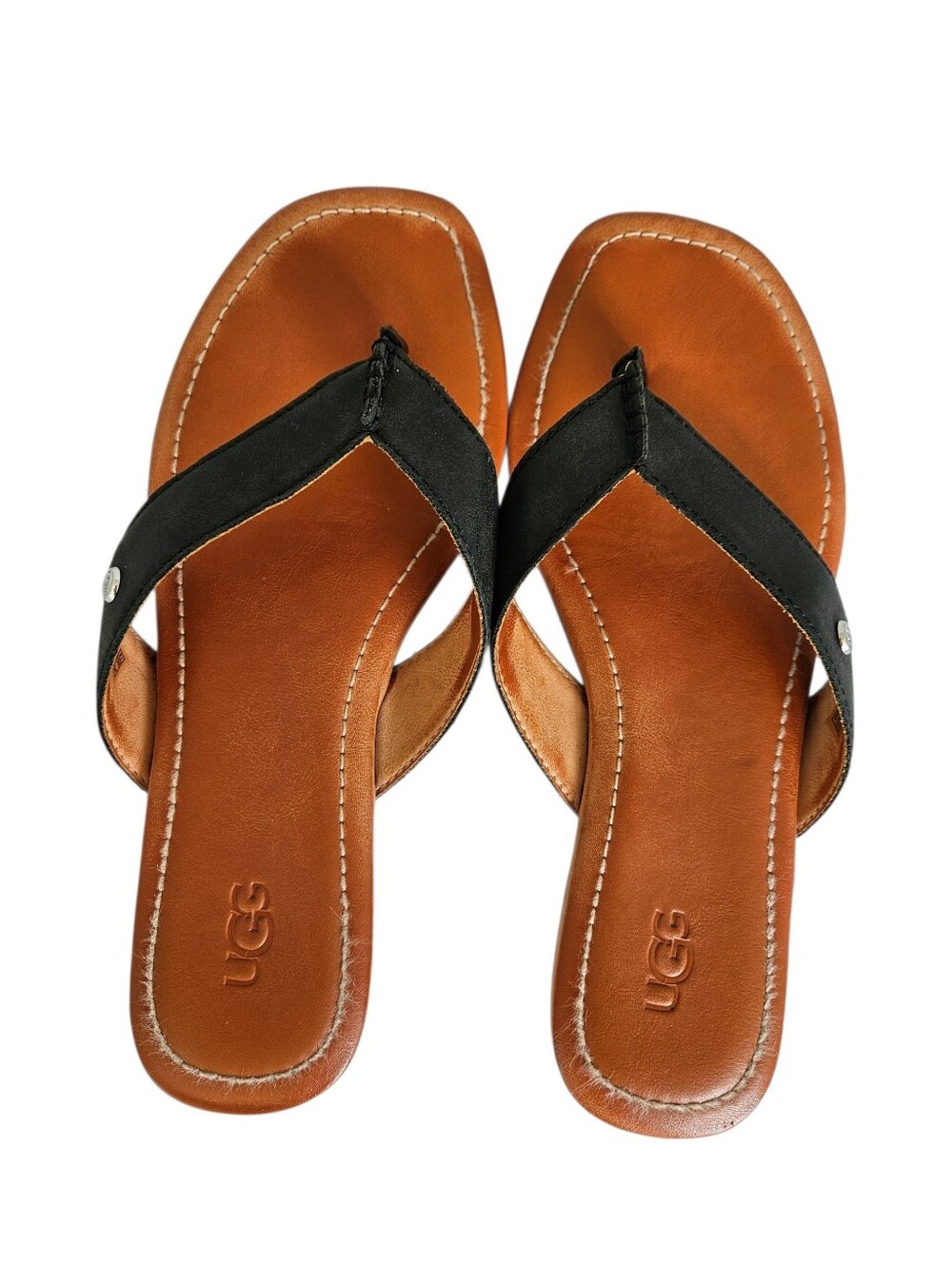 UGG Tuolumme Tan Footbed with Black Strap Leather Thong Sandals Size 7.5